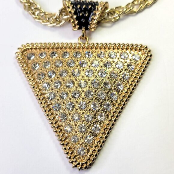 Gold and Crystal Triangular Pendant Bib Choker Necklace - Picture 13 of 13